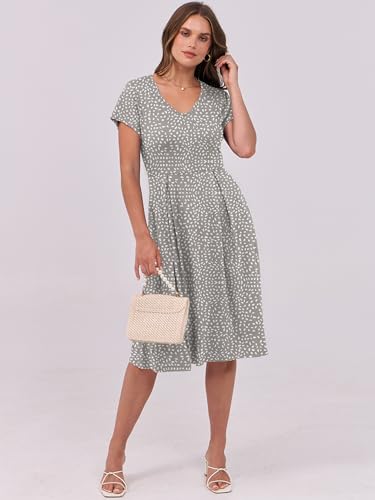 Image of ANRABESS Women Summer Dress Casual Short Sleeve V Neck A-Line Knee Length Pleated Flowy 2026 Fashion Midi Dresses with Pocket