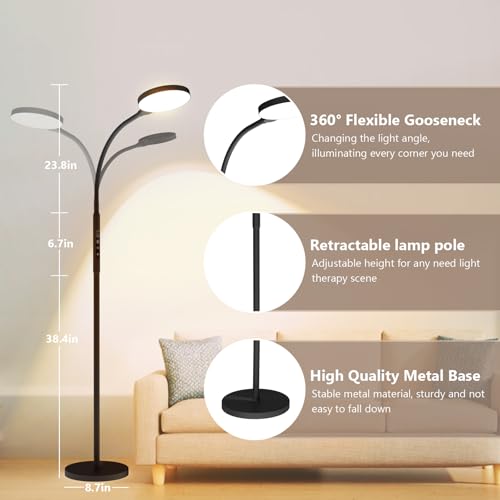 Light Therapy Lamp - 11,000 Lux UV-Free Sunlight Lamp, 5 Color Temps & 10 Brightness, 360° Gooseneck Floor/Desk Therapy Lamp for Home Office, Bedroom & Reading (Black)