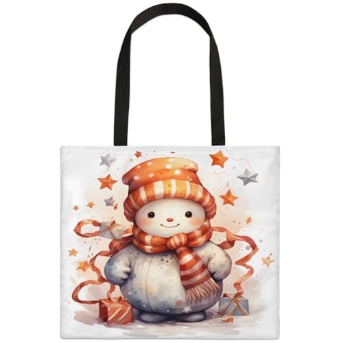 Mularoka Cute Cartoon Watercolour Snowman Square Canvas Tote Bag Top Handle Purses Stylish Women Canvas Shoulder Tote Bags Reusable Handbags for Work Travel Picnic Beach Shopping Gym Hiking
