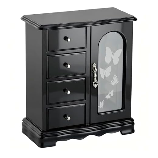 RR ROUND RICH DESIGN Jewelry Box - Made of Solid Wood with 4 Drawers Organizer and Built-in Necklace Carousel and Large Mirror Black