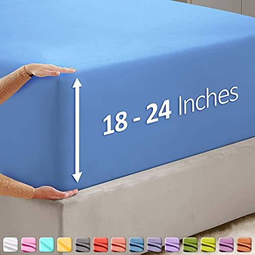 Image of Hearth & Harbor Extra Deep Pocket King Fitted Sheet - Fits 18 to 24 Inch Mattress - Ultra Soft 1800 Microfiber, Wrinkle-Free & Breathable - Hotel Luxury Fitted Sheet Only, Calm Blue