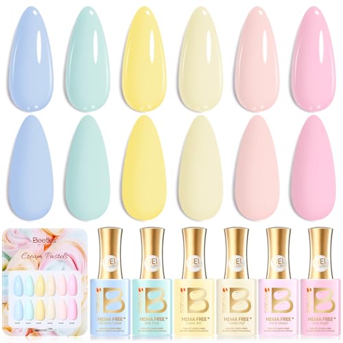 Image of Beetles Pastel Gel Polish Set- Cream Patels HEMA-FREE Gel, 6 Colors 15ML Full Size Pastel Yellow Pink Blue Summer Shades, Salon-Quality Long Lasting Soak Off UV LED Nail Gel with Swatch Card