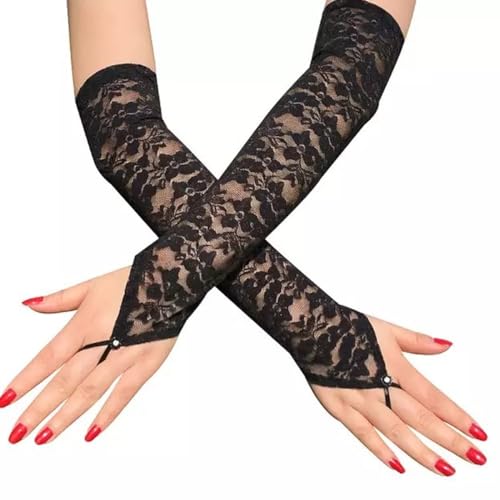 Visxcnu Gants Sans Doigts en Dentelle pour Femmes, Gant Long en Maille des Années, Tulle Noir Coude Sexy Moufles pour Mariage Soirée Cocktail Bal Noël