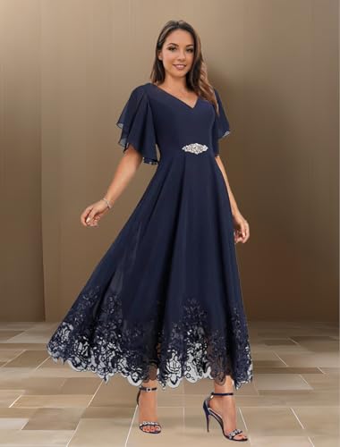 Mother of The Bride Dresses for Wedding for Women Tea Length Chiffon Lace Appliques Formal Evening Dresses2