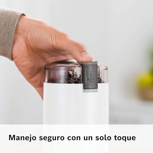Bosch Molinillo de café, TSM6A011W, cuchillas de acero inoxidable, función de seguridad, 180 W, recipiente para 75 g de granos, eléctrico, blanco. - imagen 7