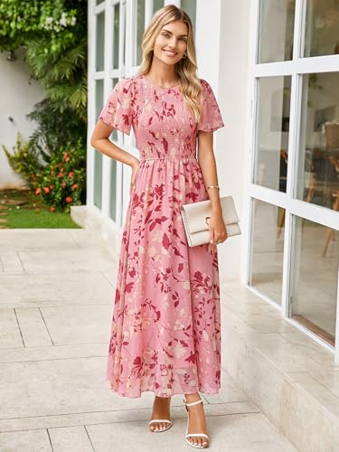 Image of Simplee Womens Casual Floral Summer Maxi Dress 2026 Boho Flowy Short Sleeve Crew Neck Vacation Smocked Chiffon Dresses