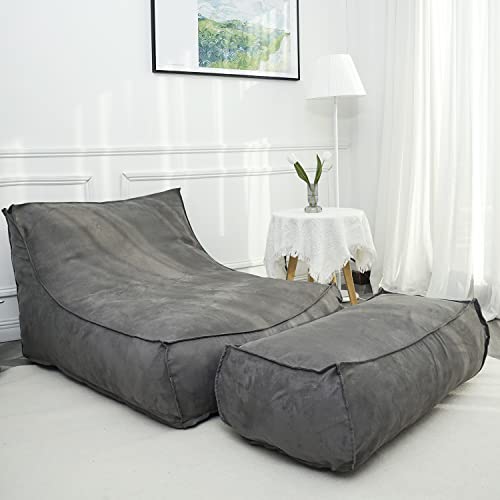 N&V Giant Foam Filling Floor Sofa, Extra Large High Density Foam Bean Bag, Faux Chamois Cover, Independent Linen (Grey, With Ottoman) #TOP26