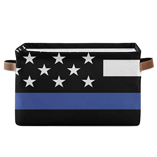 senya July Fourth Basket Foldable Storage Box, American Police Flag Fabric Storage Bin Organizer Bag with Handles Independence Day