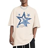 Migxsaf Men Star Graphic Shirt Y2k Oversized Shirts Streetwear Vintage Tees Grunge Inspirational Motivational Casual Tshirts(Apricot,XL)