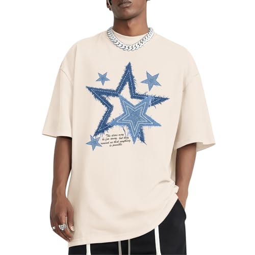 Migxsaf Men Star Graphic Shirt Y2k Oversized Shirts Streetwear Vintage Tees Grunge Inspirational Motivational Casual Tshirts(Apricot,L)