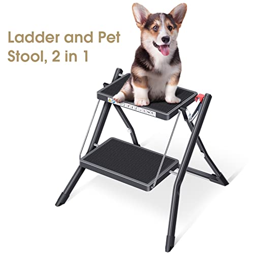 KINGRACK Klapptritt, 2 StufenTrittleiter, zusammenklappbar, Leiter mit Rutschfester Gummimatte, Tritthocker mit Entriegelungstaste, Leichter Stahl, für bis zu 150 kg, Schwarz