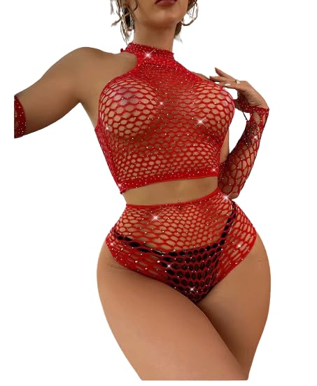 Red Free Size Knitted Stretch Bodysuit Body Stocking Dresses for Women-image-27
