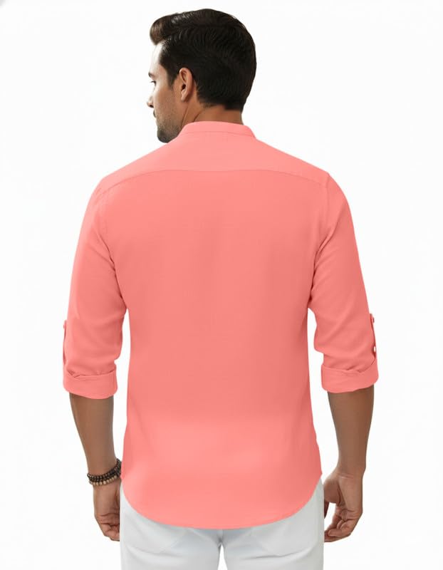 Image of Macsivo Men's Cotton Blend Solid Short Kurta with Regular Lenth Mandarin Neck Full Sleeves and roll-up tab| Kurta Style Shirt for Men