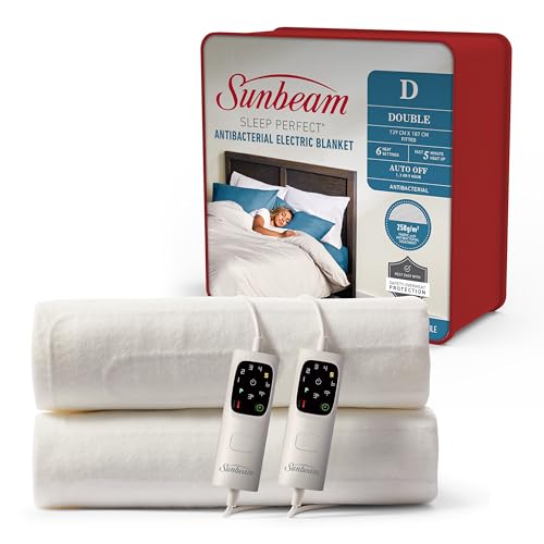 Sunbeam Sleep Perfect Antibacterial Electric Blanket Double Bed | Fully Fitted, Washable, Auto-Off Timer, Safety Overheat Protection, Dual Controls BLA6341