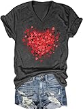 Valentine's V Neck Tshirts Women Cute Love Heart Graphic Shirt Funny Valentines Gifts Tee Casual Short Sleeve Tops(Dark Gray1,L)