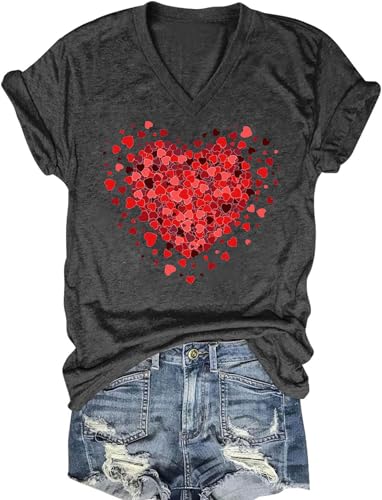 Valentine's V Neck Tshirts Women Cute Love Heart Graphic Shirt Funny Valentines Gifts Tee Casual Short Sleeve Tops(Dark Gray1,XL)