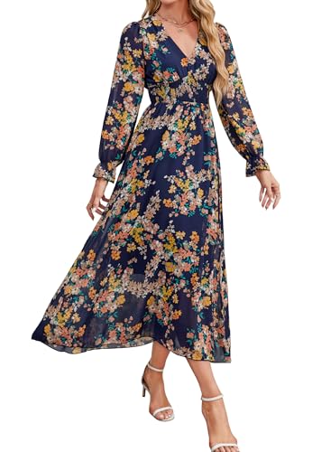 Women's 2025 Floral Summer Maxi Dress, Spring Long Sleeve V-Neck Empire Waist Dress, Flowy Wedding Guest Dresses