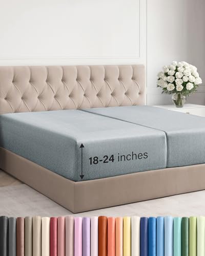 Image of Extra Deep Split King Fitted Sheet - Single Fitted Sheet - Heathered Blue | Easily Fits 18 inch to 24 inch Mattress, Soft, Wrinkle Free, Breathable & Comfy, Extra Deep Pockets Hotel Luxury Fitted Sheet