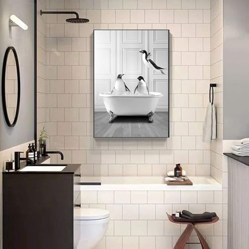 LYBOHO Black White Scottish Highland Cow Bathroom Pictures Funny Animal in the Bathtub Canvas Pictures for Living Room Bathroom Bedroom Decorative Frameless (1 Piece - Image 2