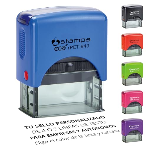 STAMPA | Sello Empresa Personalizado | Sello automático | de Caucho y Tinta incluida | para 4 líneas de texto | Sellos para Empresas | Ecológico (46x16 mm., Azul)