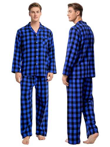 Schbbbta Pajamas for Mens, Flannel Black Blue Family Plaid Pajamas Cotton 2-Piece Button Down Sleepwear Pjs Sets, Black Blue, US S4