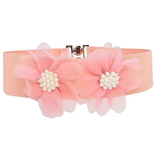 YOU&M Women's Chiffon Double-Flower with Pearl Elastic Corset Waist Belt for Princess Elegant Sweet Dress Plus Size3