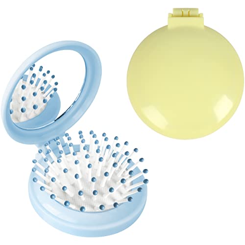 Cepillo de pelo plegable con espejo, redondo mini peine de masaje compacto para niñas y mujeres (amarillo+azul)