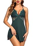 ADOME Damen Babydoll Sexy Negligee Nachtwäsche Nachthemd für Damen Spitze Nachtkleid G-String Dessous Reizwäsche Sleepwear,Dunkelgrün,M