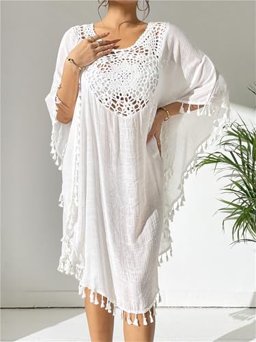 Vestido de playa crochet blanco con cuello redondo y flecos 4