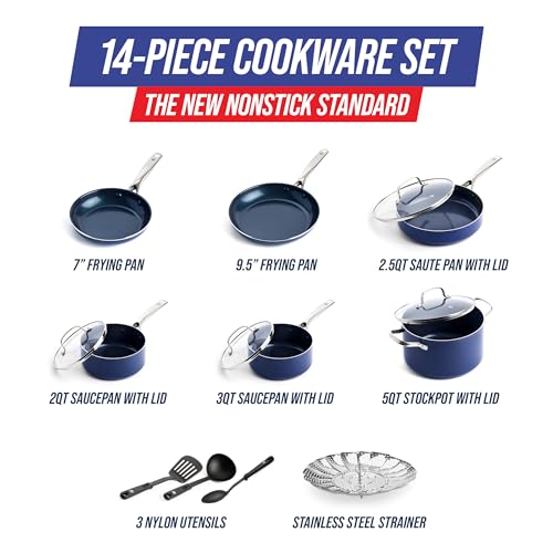 Blue Diamond 14 Piece Nonstick Cookware Set, Diamond Ceramic Pots & Pans, Dishwasher & Metal Utensil Safe, Non Toxic PFAS-Free, Kitchen Cooking Sauce & Saute Pans, Oven & Broiler to 600F, Blue