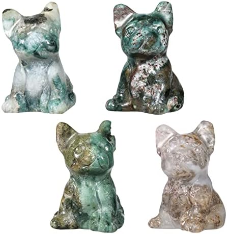 Nupuyai 2pcs Moss Agate Mini Crystal Stone Statue Hand Carved Animal Dog Puppy Set, Energy Healing Stone Figurine Ornament Home Office Decor