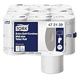 El sistema de doble rollo de papel higiénico de tamaño mediano sin mandril de Tork es sinónimo de gran eficacia y garantiza que el usuario siempre tenga papel higiénico disponible