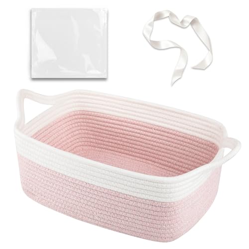 Image of OIAHOMY Woven Basket, Gift Basket Empty with Gift Bags and Ribbons, Rope Baskets for Baby Showers, Storage Baskets with Handles for Nursery, Pet Toy Organizer - Pink & White