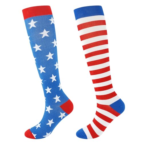 Junely American Flag Compression Socks for Women 20-30 mmhg Patriotic Knee High Socks for 4th of July Running Athletic Nurses Pregnant Women Work Support Travel Flight Sports Gifts Red White Blue