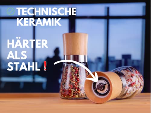 Foto von Salz und Pfeffermühle Holz mit einstellbarem Keramik-Mahlwerk | Pfeffer und Salzmühle 2er Set | Gewürzmühle ohne Inhalt | Hannah's Homebrand®