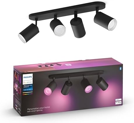Philips Hue White & Colour Ambiance Fugato Spot 4 Bulbs Black 4 x 350 lm, Dimmable, 16 Million Colours, Controllable via App, Compatible with Amazon Alexa (Echo, Echo Dot)
