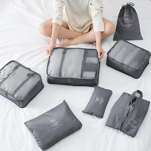 Image of 7pcs Set Travel Organizer Packing Cubes Lightweight Travel Luggage Organizers with Laundry Bag or Toiletry Bag Laundry Organiser. (Grey)