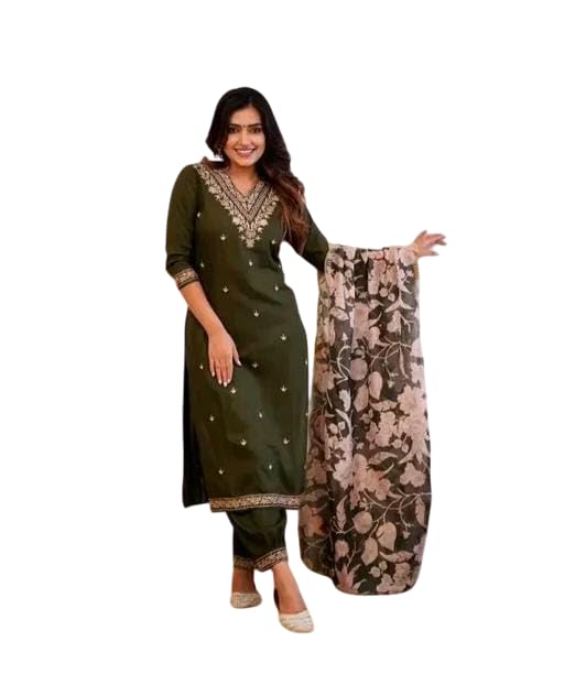 Image of Women's Viscose Rayon Kurta, Pant & Dupatta Set Embroidered Work V Neck 3 /4th Sleeves Straight Salwar Suit Dupatta Set || Comfortable Outfit For Wedding