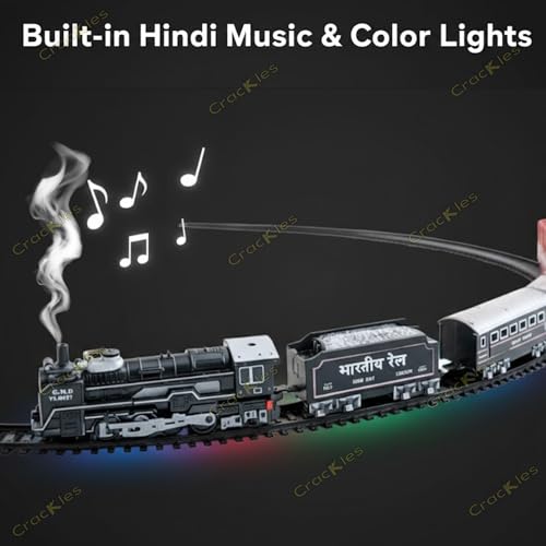 Image of Crackles Steam Engine Train Set for Kids - Light & Hindi Music Sound Classic Vintage Engine with Smoke Effect, Rechargeable Battery, Type-C Cable, Water Dropper & Tracks - Battery Operated Toy