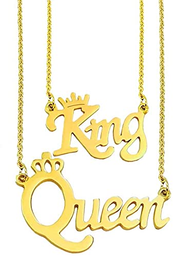 Stylewell (Set Of 2 Pcs) CMB7364 Golden Trending Valentines Day Special Metal Stainless Steel King And Queen Name Letter Romantic Love Couple Locket Pendant Necklace With Chain For Boys And Girls