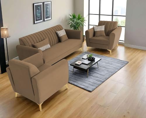 Image of Adorn India Premium Luster 3-1-1 Sofa Set | Velvet Suede Fabric | 3-Year Warranty | Color Camel with Golden Legs & Striped Pattern Cushion