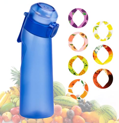 フレーバーウォーター ボトル エアー ア 水筒 650ml スポーツウォーターボトル 水の味が変わる水筒 BPAフリー グラデーション 再利用可能 プラスチックウォータージャグ 漏れ防止 フルーツフレグランスウォーターボトル ジム ヨガ 旅行 キャンプ サイクリング アウトドアスポーツ用 water bottle 7味付き(ブルー,マット)