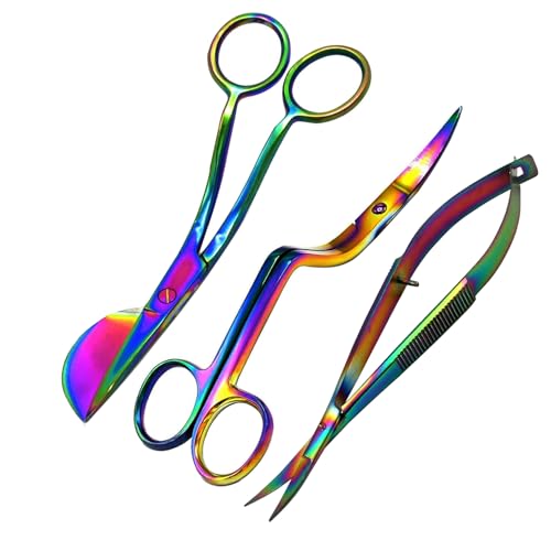 3 Multi Color 6 Inch Stainless Steel Applique Duckbill Scissors Blade With Offset Handle & 6 Inch Machine Embroidery Double Curved Scissors Bundle/Embroidery Sewing Scissor Spring Action Scissor