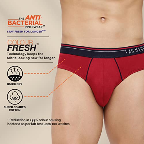 Image of Van Heusen Men Briefs - 100% Combed Cotton - Pack of 3 - Anti Bacterial, Colour Fresh, Moisture Wicking 10003 Deep Red, Grey Mel, Dark Navy XL