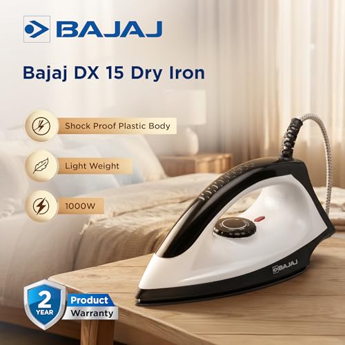 Image of Bajaj Dry Iron DX 15 1000 Watts | Duraglide soleplate with double-layered Anti-Bacterial Non-Stick German coating | Auto-Shut off | Cool touch body | 360 Swivel Cord | 2 Yr Warranty | Black & White