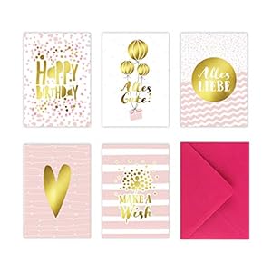 5 Geburtstagskarten im Set inkl. Umschläge in pink. Rosa Glückwunschkarten zum in DIN A6 mit edler Folienprägung in Gold…