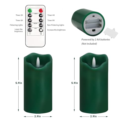 Image of Green Flameless Candles Set of 2, Christmas Candles with Remote & Timer
