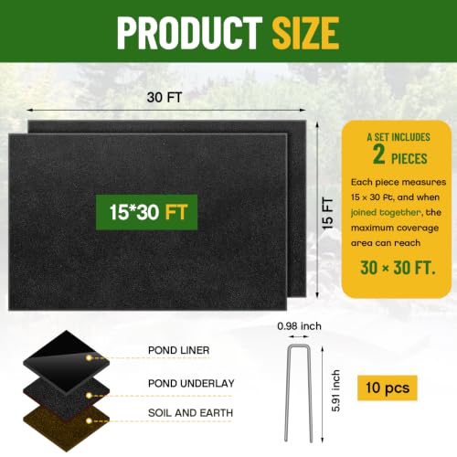 Image of Fanfanwin 30 x 30 ft Pond Liner Underlayment with 10 U-pins, 6oz, Black