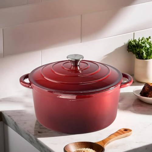Image of Enamel Coated Induction Base Hard Anodised Non Stick Cast Iron Dutch Oven with Lid & Handles | Cook & Serve Dutch Oven Cast Iron Handi for Cooking | Ombre - Red