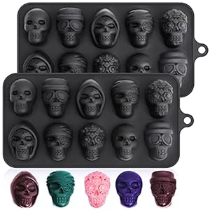 Webake Moldes de silicona con forma de calavera, 2 unidades, moldes de cubitos de hielo de calavera, moldes de chocolate para Halloween, moldes de cera para caramelos para fiesta de Halloween
